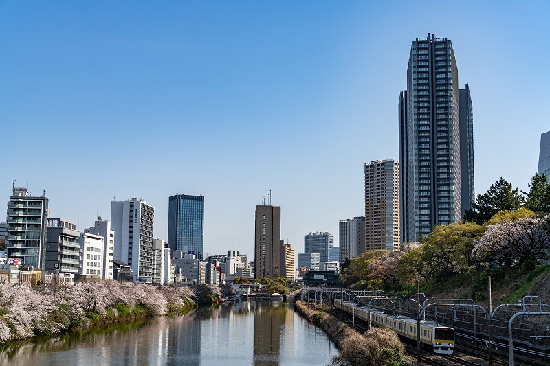 飯田橋周辺のビル群と桜の景観